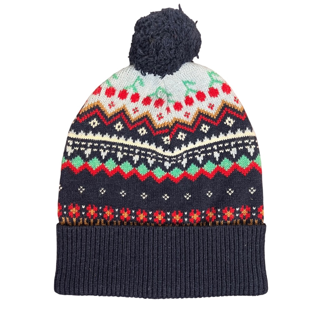 Crewcuts Kids Fair Isle Cherry Pom-Pom Beanie Navy Wool Blend Hat BM620 L-XL
